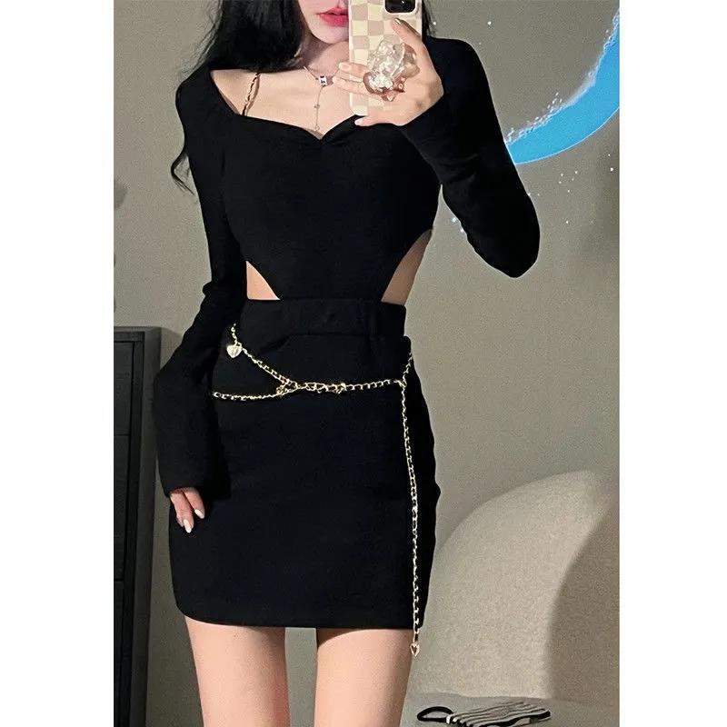Design sense pure sweet Spice Girl Hip Wrap Skirt short wrinkled backless hollow out top black chain two piece set women's summer