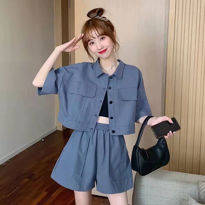 Summer 2022 new short sleeve suit women's net red fried Street foreign style aging fashion small shorts two-piece set