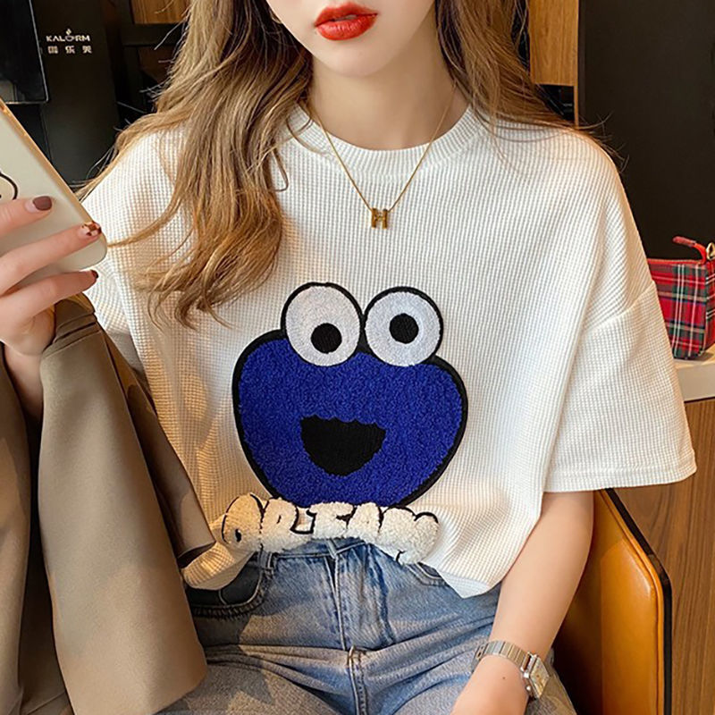 Summer short sleeve T-shirt women's loose Korean large eye frog design half sleeve T-shirt careful machine waffle top