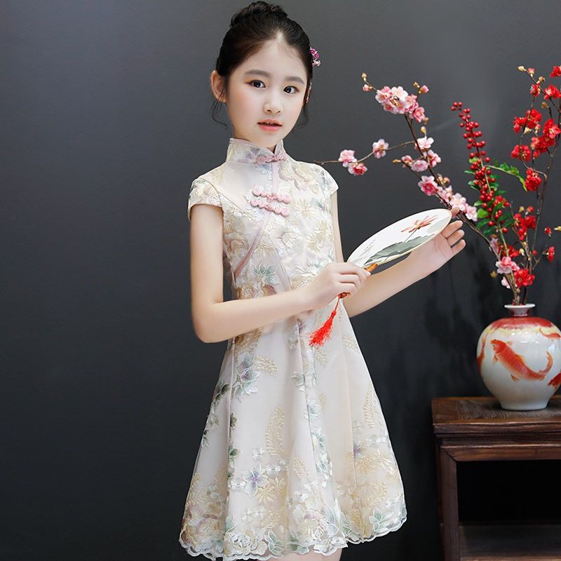 Girls' improved cheongsam summer thin children's Tang suit Chinese Style Lace Princess Dress little girls' foreign dress