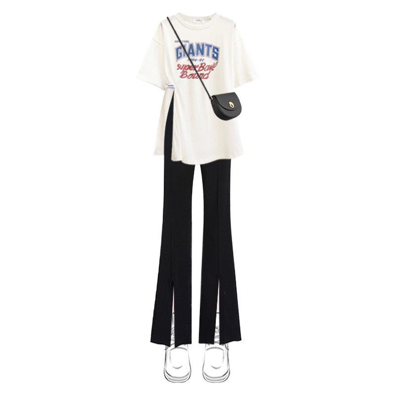 Summer suit women's 2022 new large women's short sleeve T-shirt women's skinny covered casual pants two piece set