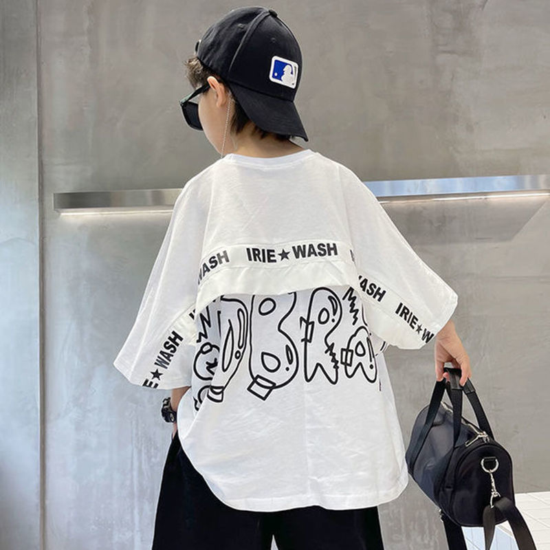 Boys' Cotton Short Sleeve T-Shirt 2022 new summer children's print middle and large children's Korean version foreign style loose top fashion