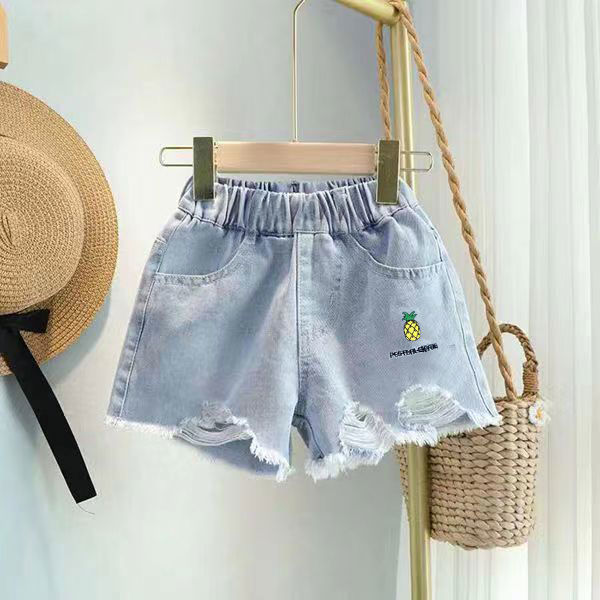 Girls' denim shorts 2022 new Korean version middle and large children's girls' high waist thin shorts children's holes pop