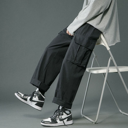 Japanese solid color straight work pants male student trend versatile loose casual pants Hong Kong style retro wide leg pants