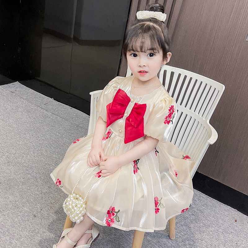 Girls' dress 2022 new foreign style children's summer bubble sleeve bow princess skirt girls' embroidered skirt