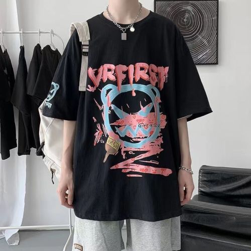Spring and summer Hong Kong style two piece short sleeve suit men's fashion handsome one suit men's student loose five sleeve T-shirt