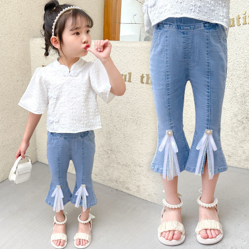 Girls' Denim Capris summer thin 2022 new little girls' foreign style versatile split bell bottoms Capris