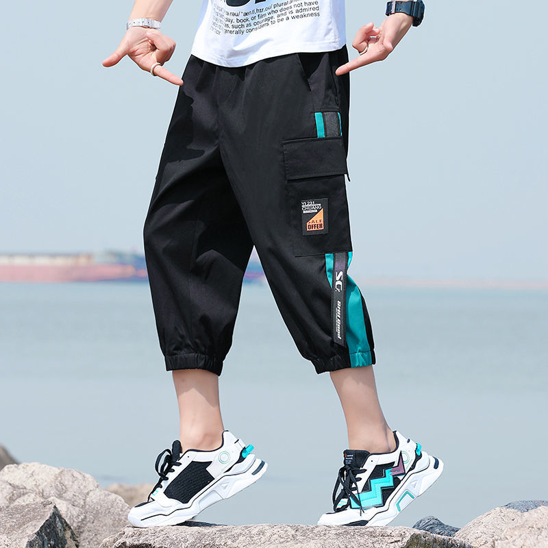 Capris men's overalls summer thin outdoor fashion youth student Capris loose Western breeches