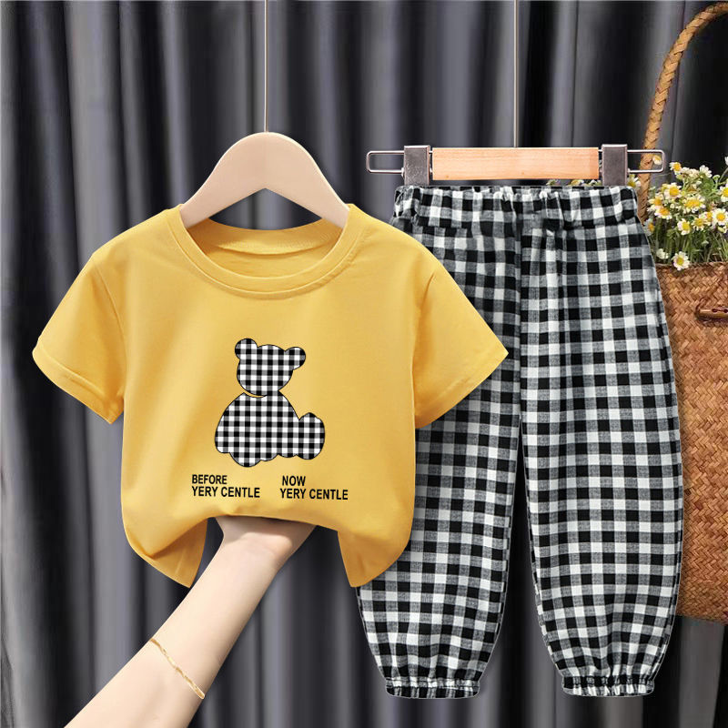 Girls' set summer 2022 new small and medium-sized children's net red westernized anti mosquito pants short sleeve children's boys' T-shirt two piece set