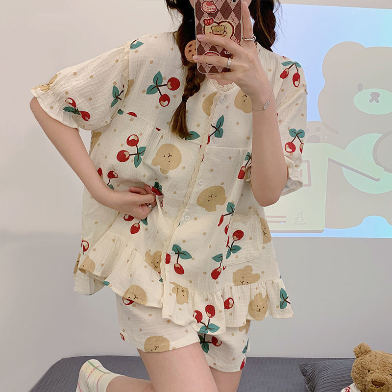 2022 new short sleeve shorts ins sweet and lovely cherry bear summer nightwear women's Japanese home suit