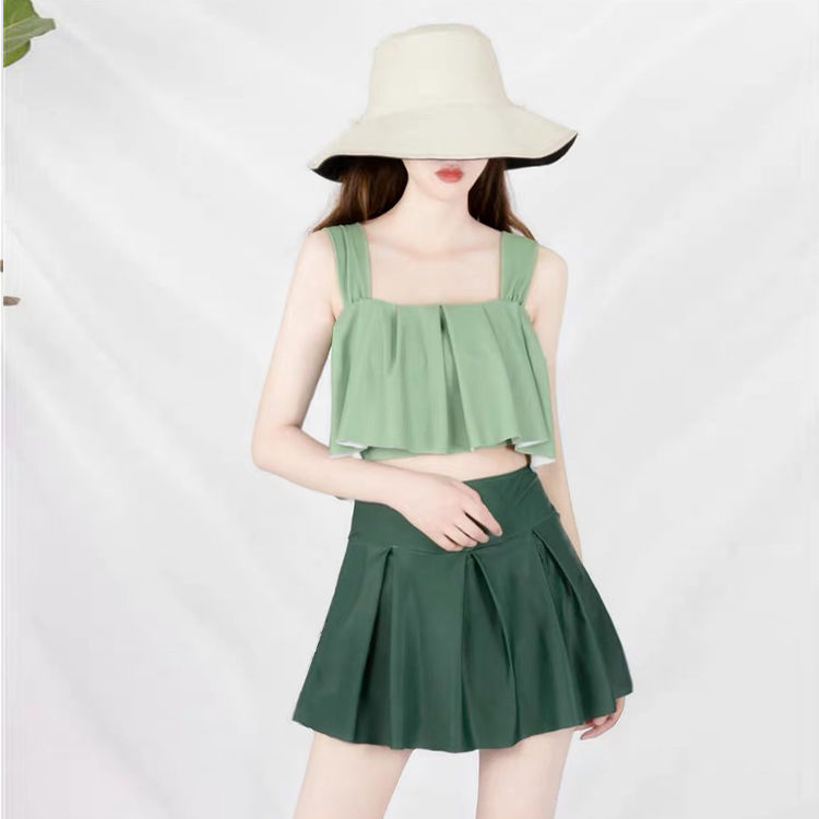 Korean high waist split swimsuit women's suspender skirt style conservative belly covering small chest student sweet ins swimsuit flat corner