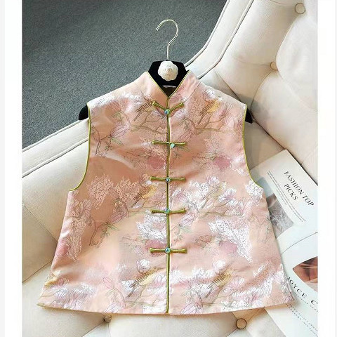 Pink Chinese style button vest women's spring and autumn retro Chinese flower and Bird Print young vest cotton coat fashion
