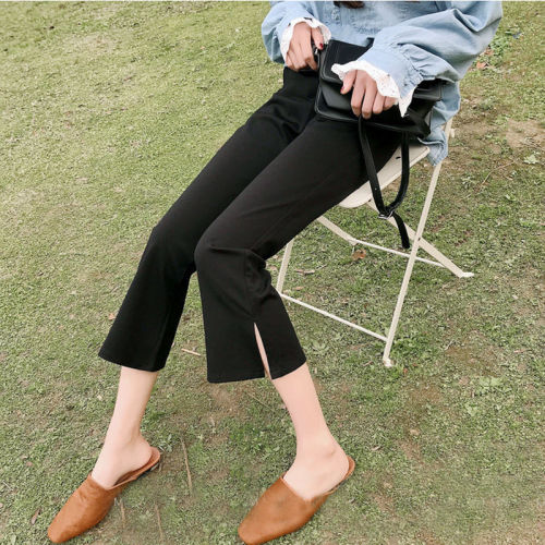 Cropped pants women's summer new  slim fit and versatile flared pants wide leg sports casual pants with side slit