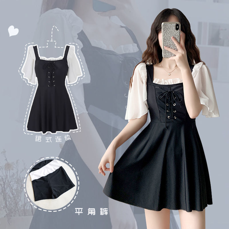 2021 one-piece swimsuit female conservative student super fairy ins small breasts gather to cover the belly and show thin skirt type sunscreen hot spring suit