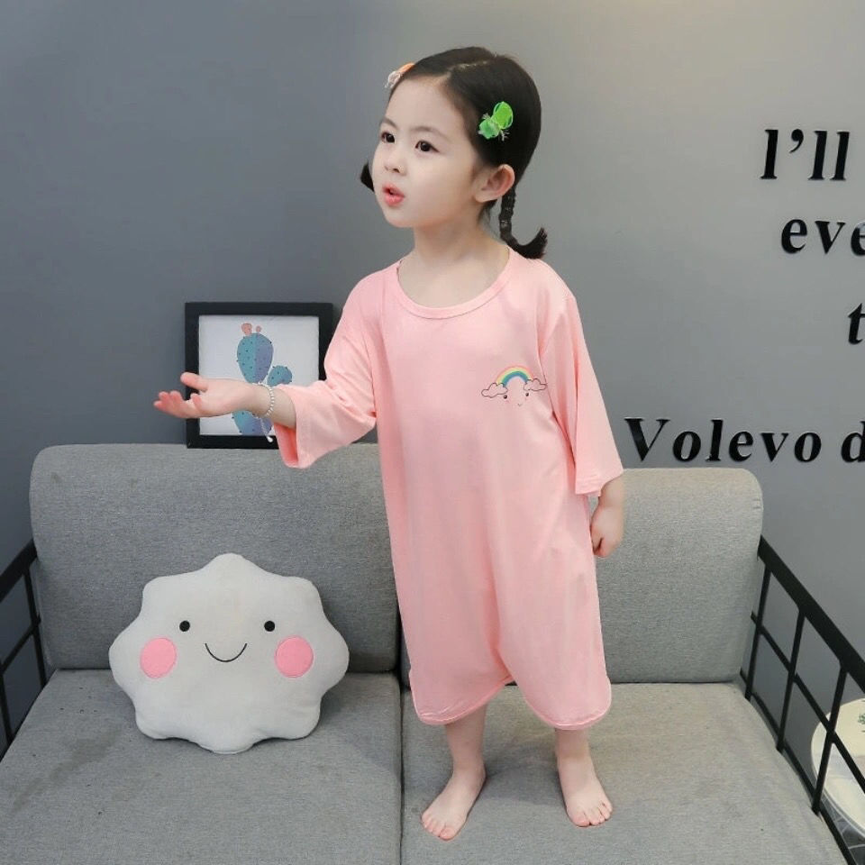 Modal nightdress middle sleeve baby kick proof nightdress girl cartoon cute girl thin home middle sleeve skirt