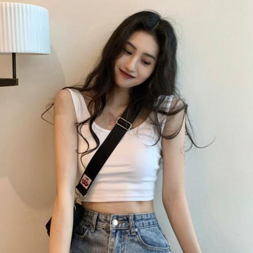 Pure cotton white suspender vest women's spring and summer suit with bottom shirt inside, hot girls wear navel exposed short top outside