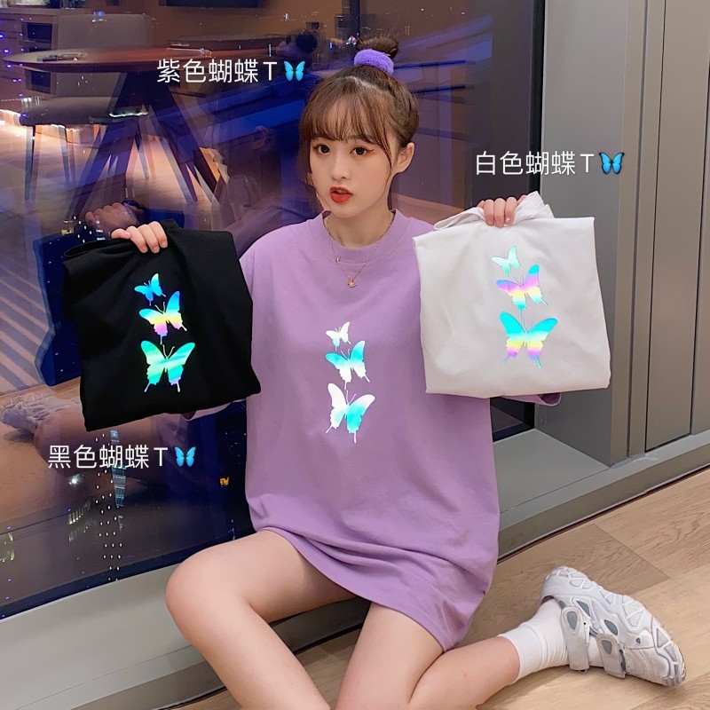 Short sleeve T-shirt women's reflective Korean butterfly fashion students' summer Hong Kong Style Street blowing loose size boudoir top