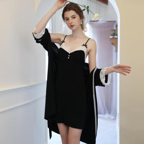 Modal pajamas with breast pad female spring and summer V-neck suspender nightdress sexy lace Nightgown large home suit