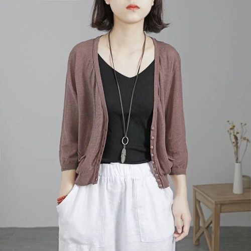 Imitation linen knitted cardigan women's Three Quarter Sleeve shawl in summer with thin air conditioning shirt loose lazy wind sunscreen