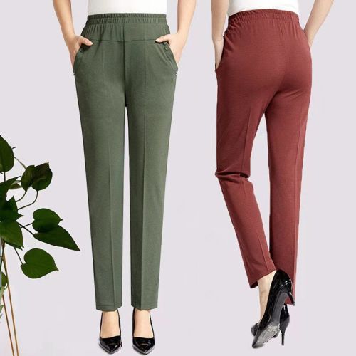 Middle aged and elderly women's pants ice silk summer thin high waist elastic mother's pants loose straight leg length 9-point pants casual