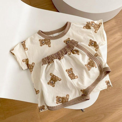 Ins21 summer baby cute cartoon bear Short Sleeve T-Shirt Top + shorts 2-piece set for boys and girls