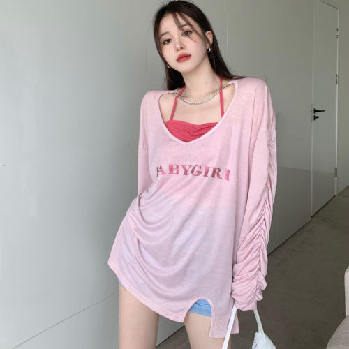 Thin sunscreen T-shirt women's summer design sense of minority pink letter Spice Girl V-Neck long sleeve loose top two piece set