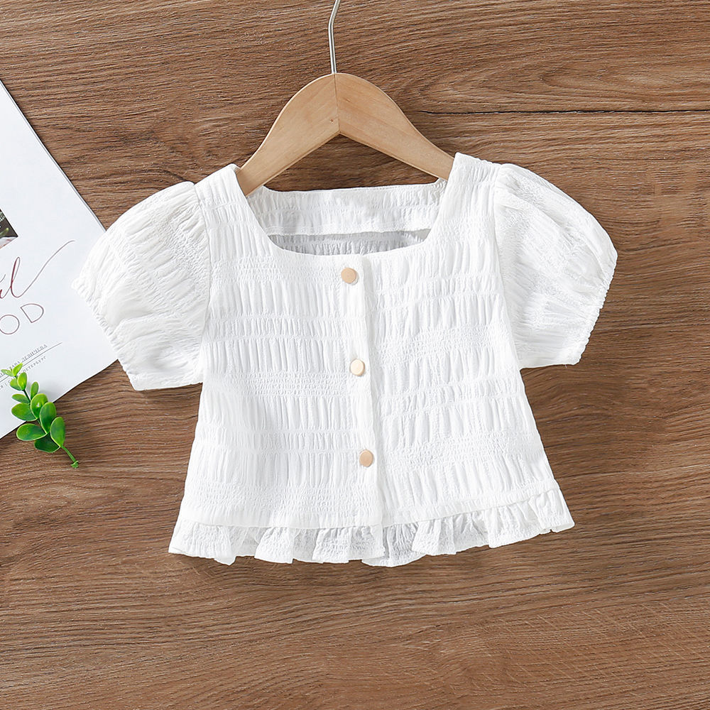 Girls' short sleeve top 2022 summer new square neck bubble sleeve top thin baby Korean Short outerwear shirt