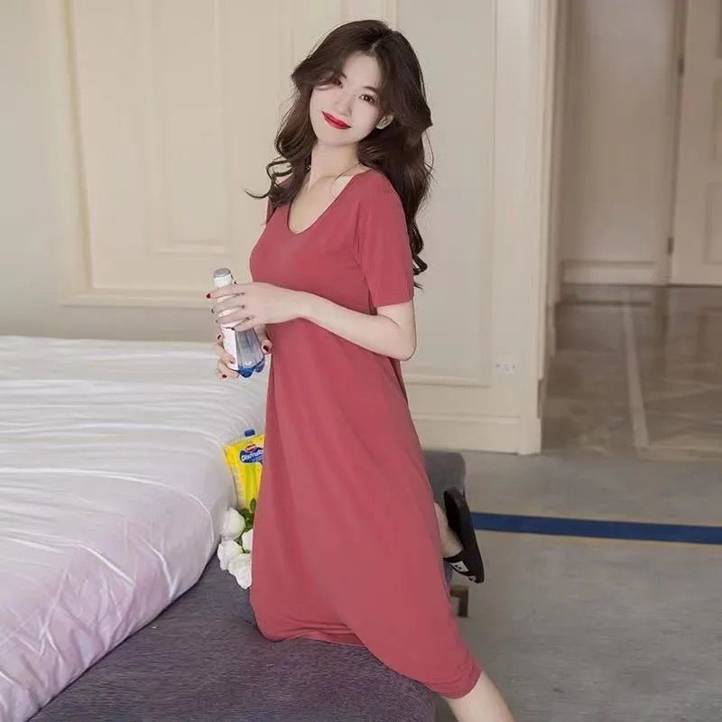 Nightdress women's summer short sleeve thin style with breast pad can be worn out one-piece pajamas with bra, medium length, knee length, Korean version