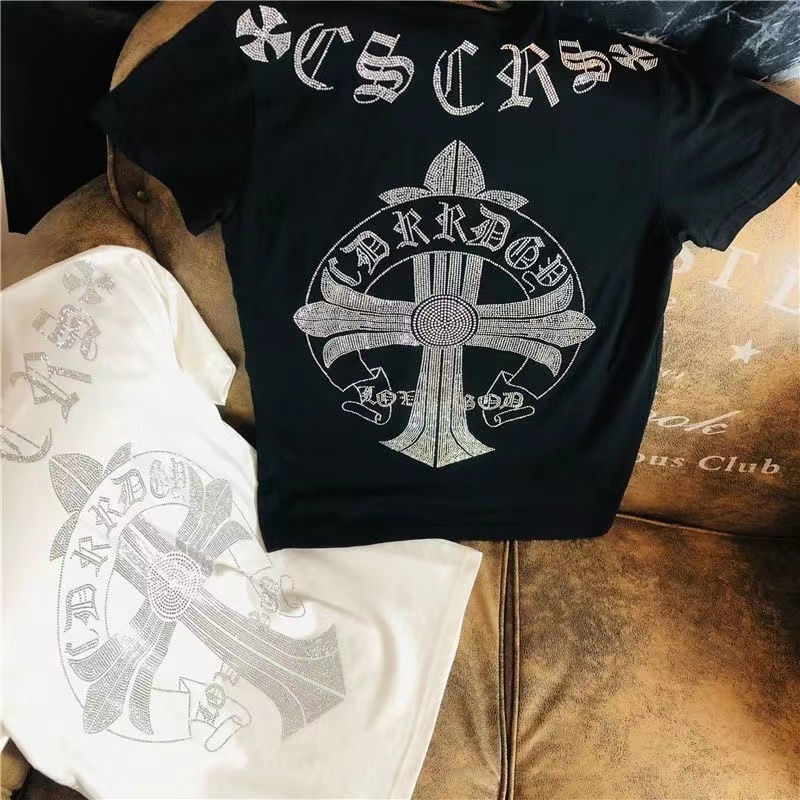 Net red same large cross hot diamond t-shirt men's fashion brand Croix lovers' clothes social spirit guy Short Sleeve T
