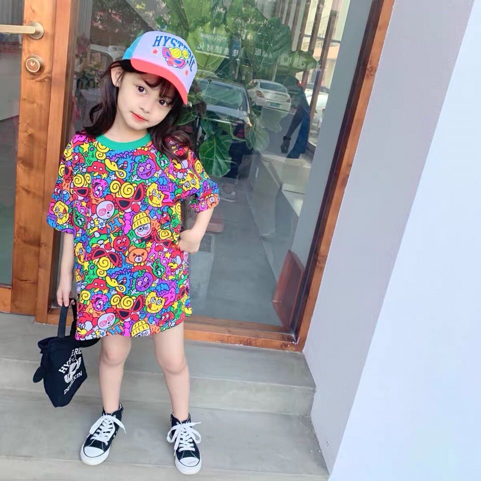 Boys' girls' printed short sleeve T-shirt 2022 summer middle and primary school children's loose Korean version foreign style fashionable T-shirt princess skirt fashion
