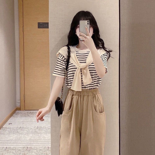 Summer Korean tea Department wear a complete set of cool and cute small loose striped top wide leg pants two piece set