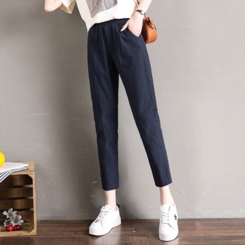 Ice silk cotton hemp  summer high waist thin cropped pants for women loose and versatile trend casual Leggings