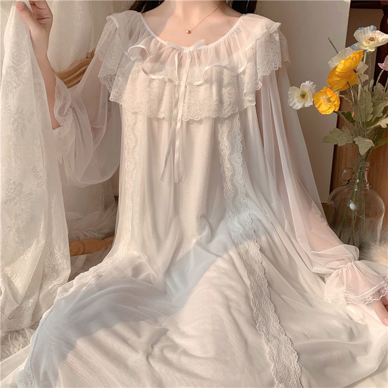 Nightdress female spring and autumn sweet new summer Korean long sleeve SEXY LACE SHORT SLEEVE thin medium long home clothes