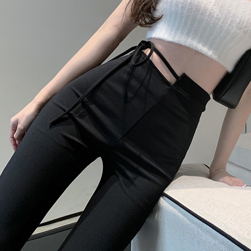 Irregular high waist micro flared pants women's spring and summer bandage slim fit horseshoe Pants Black casual floor pants fashion