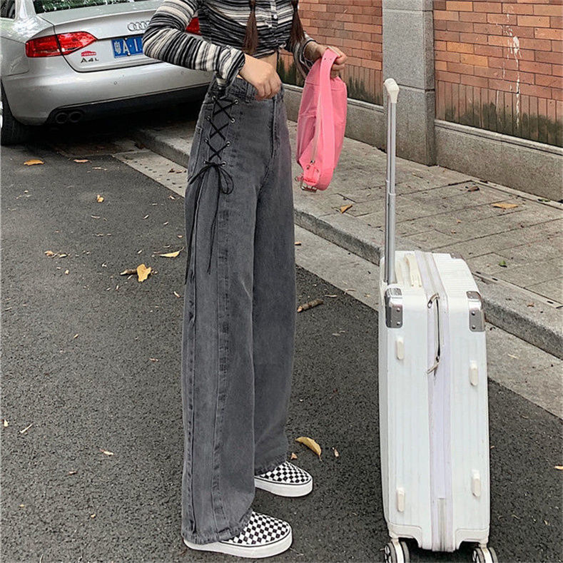 Pants women mop the floor smoke grey jeans autumn Korean version 2022 new design bandage wide leg pants ins