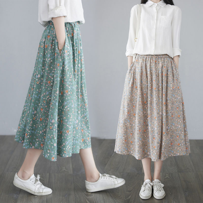 Japanese literature and art cotton hemp floral skirt women's medium length summer 2021 new slim high waist large swing A-line skirt
