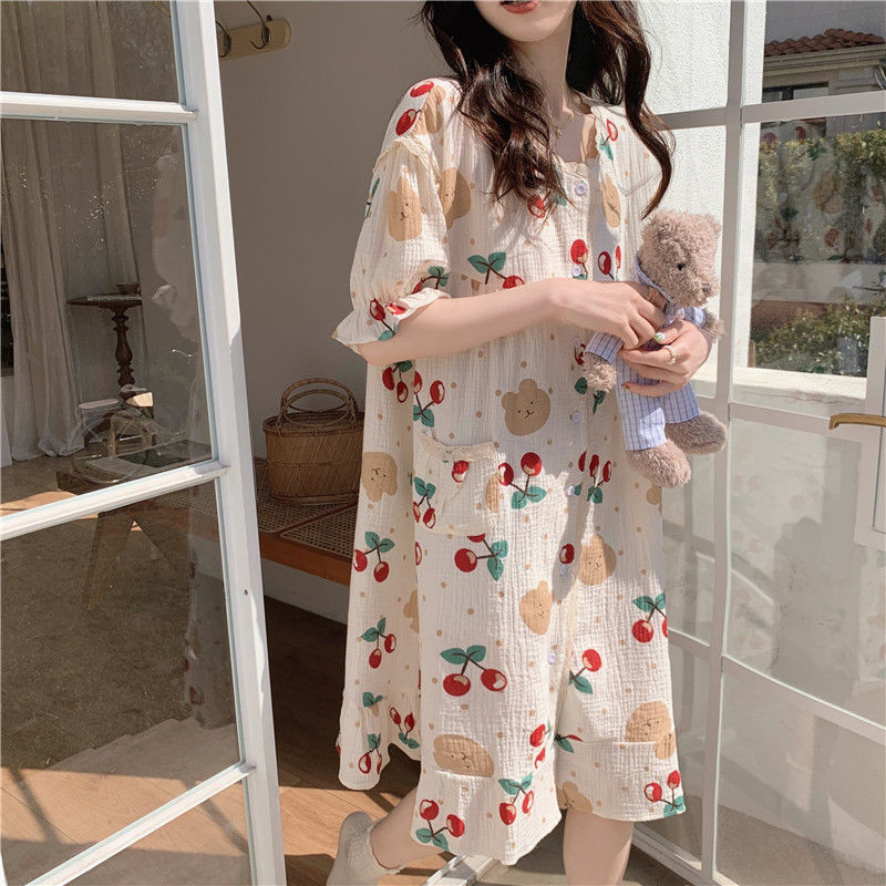 Summer new ins short sleeved pajamas women's long skirt Korean version sweet net red long one-piece nightdress casual home clothes