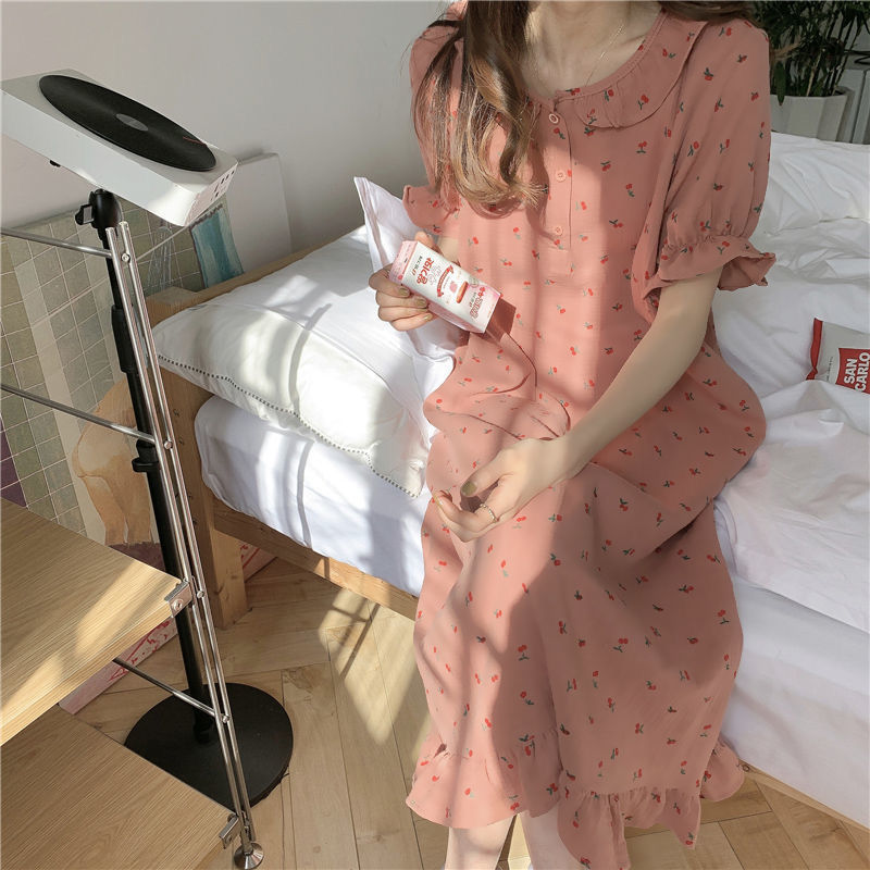 Ins nightwear girl summer net red sweet princess style nightdress girl can wear out home clothes long dress