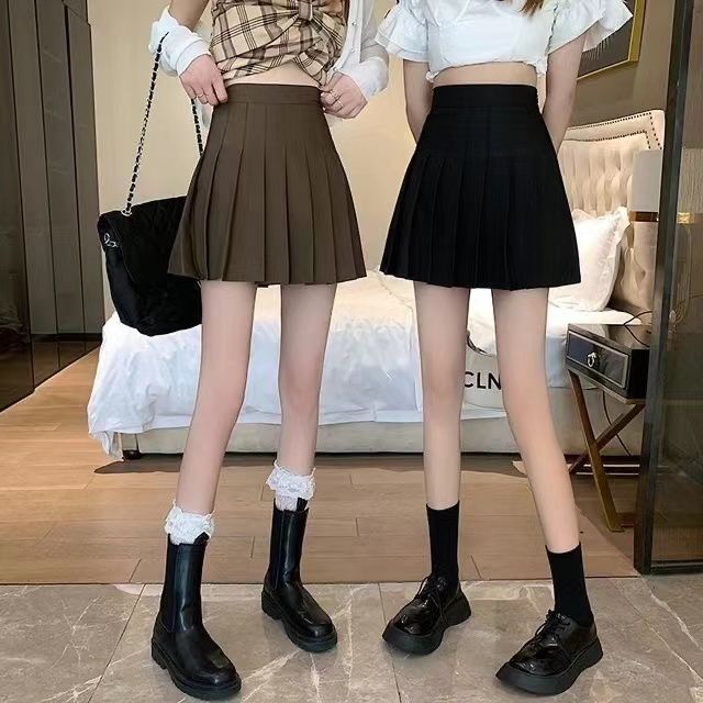 New school style pleated skirt women's light proof skirt short skirt Khaki high waist slim A-line wrap hip skirt