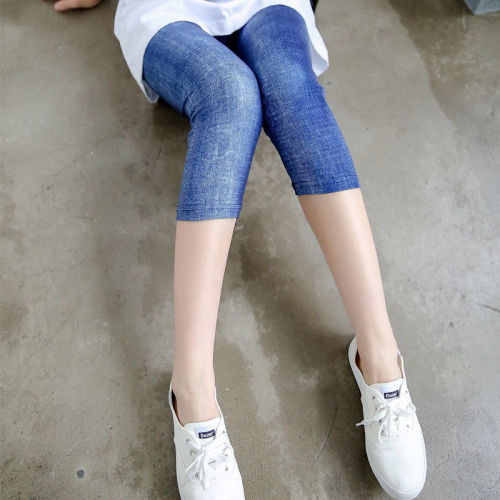 Elastic Capris women's summer dress imitated Denim Wear out thin sports versatile small leg pants for female students Korean version slim fit
