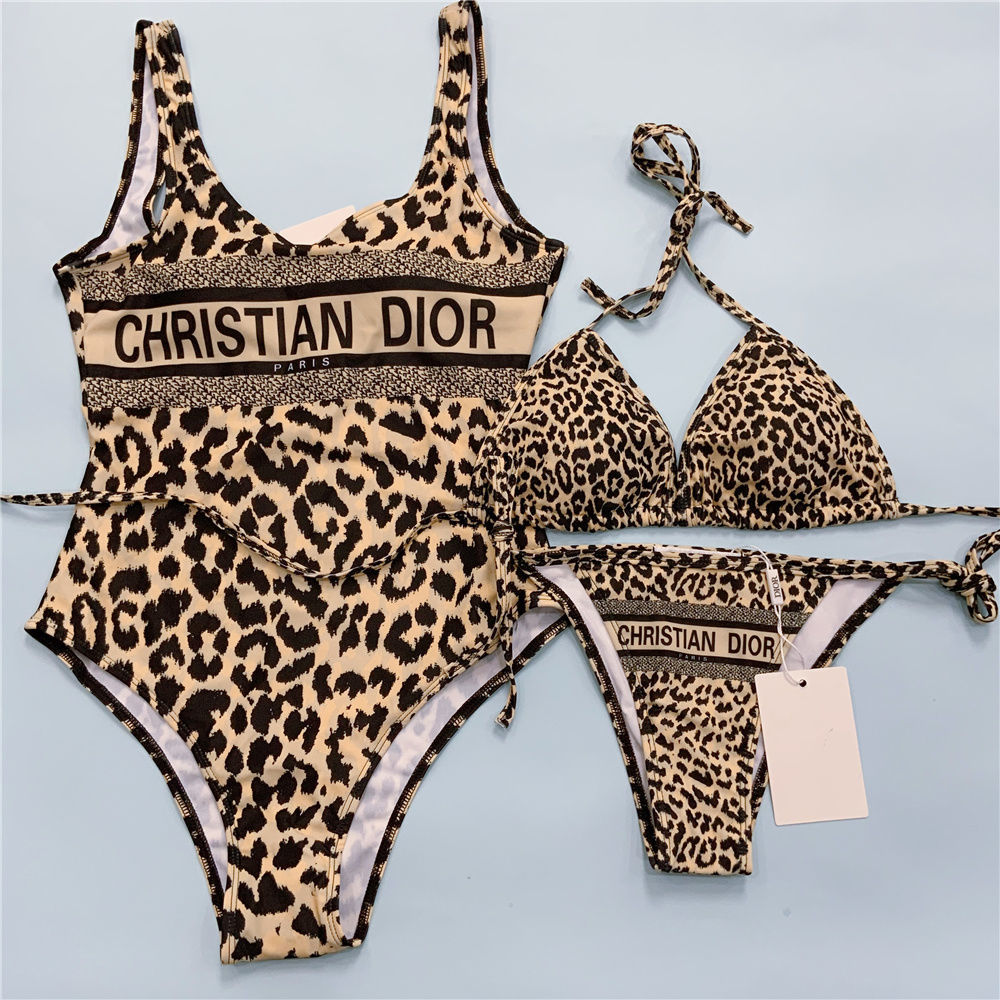 Ins European and American Style Sexy Leopard Print Bikini strap gathered deep V low waist three-point split female swimsuit