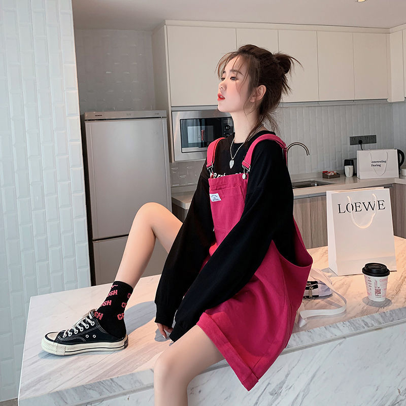 2022 summer new suspenders women's Korean version loose and versatile straight simple Wide Leg Denim Shorts Japanese small fashion