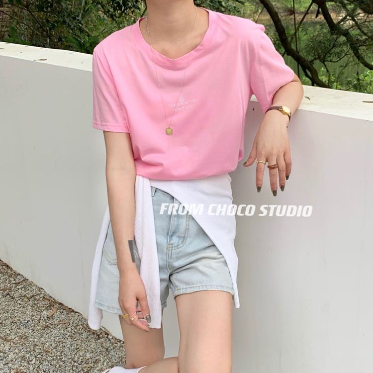 Original price 32.71! New in early summer! [choco] simple candy color glittering letters smiling face short sleeve T-shirt 7039\hbx