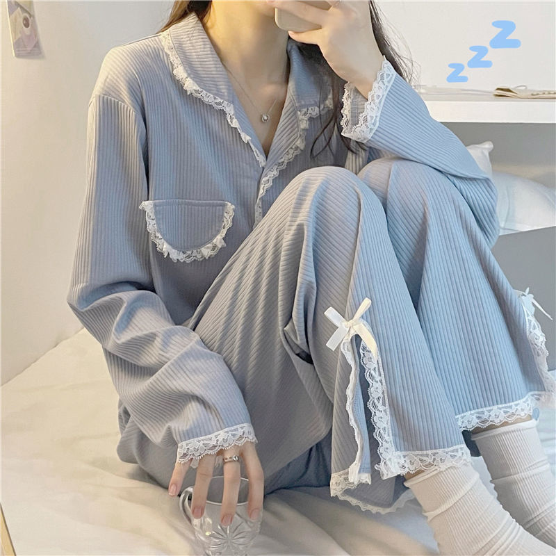 Korean version ins pajamas female autumn winter lace court style long sleeve sweet princess style outdoor home suit