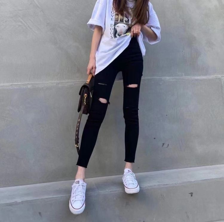 In early autumn! [original in Korea] pierced high elastic fashion ankle jeans s6069\\db