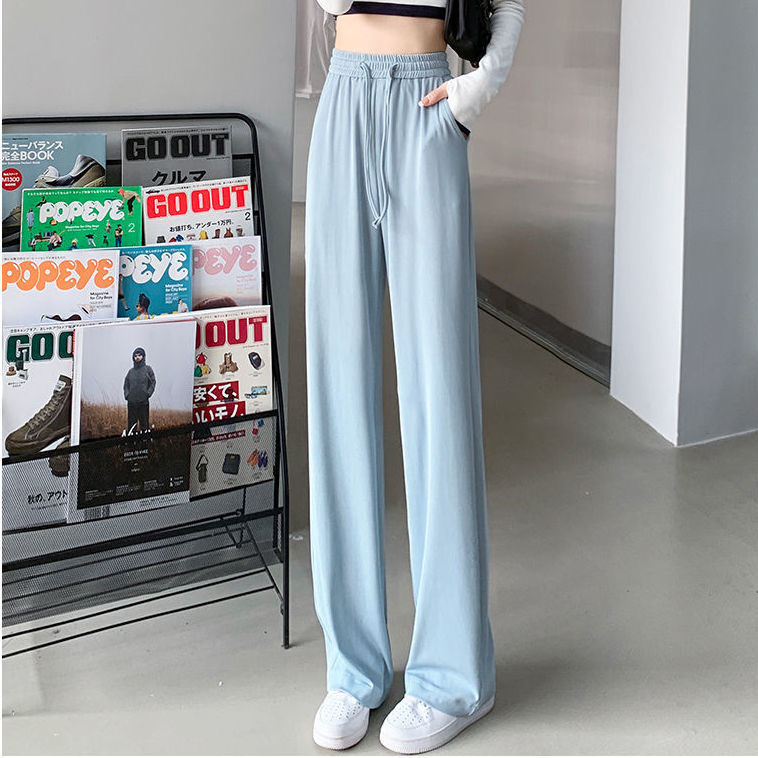 Ice silk wide leg pants women's summer thin small straight tube slim fitting leg straight high waist versatile drop feeling floor pants