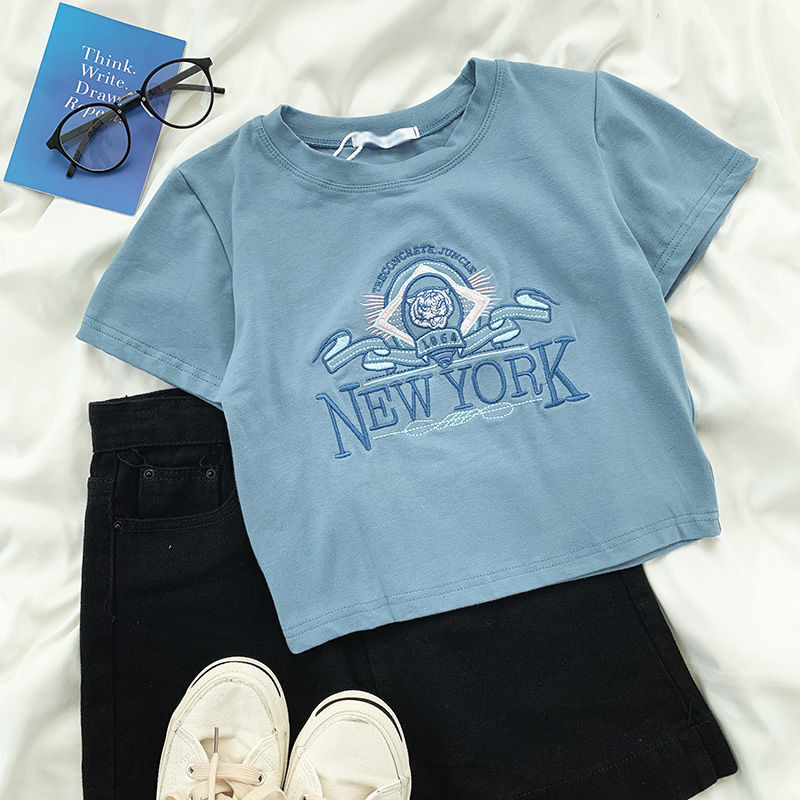 2022 new American retro lettering embroidery summer stretch slim short Korean round neck short sleeve