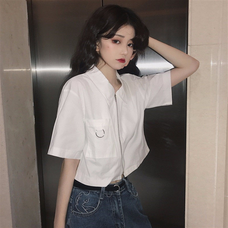 Design sense niche polo collar short shirt women's summer new chic slim short sleeve top