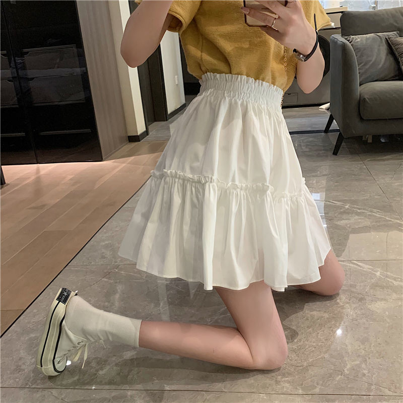 White skirt women's summer 2021 new elastic waist wood ear very fairy covering crotch temperament A-shaped short skirt