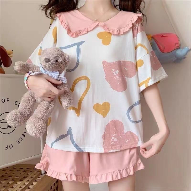 Pyjama girl summer cotton short sleeve all cotton thin two piece suit cute large net red pop spring and autumn home clothes